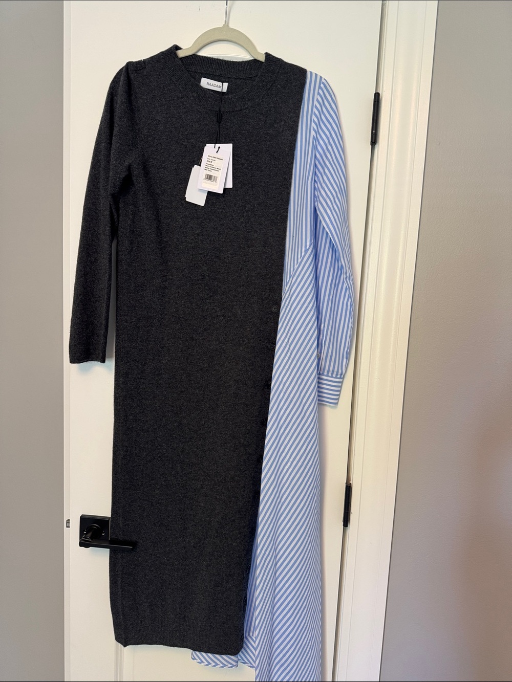 Naadam Mixed-Media Two-Tone Knit & Shirt Dress - Charcoal and Light Blue Stripes